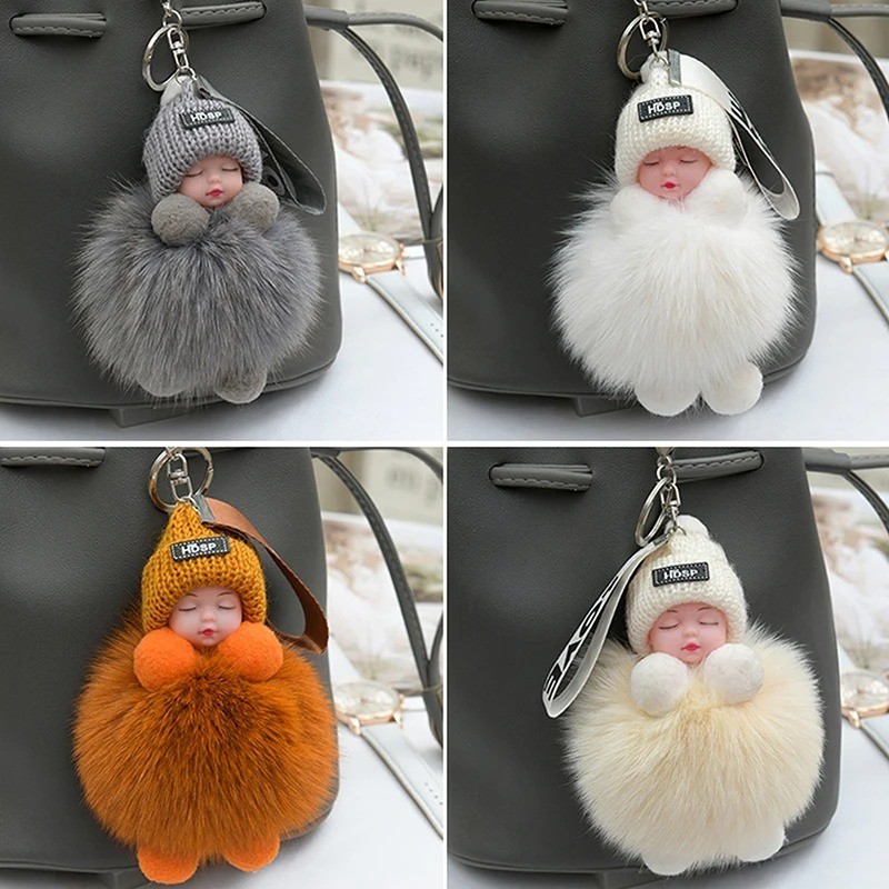 Cute Fluffy Pom Pom Plush Keychain Sleeping Baby Doll Bag Charm Gift for Women
