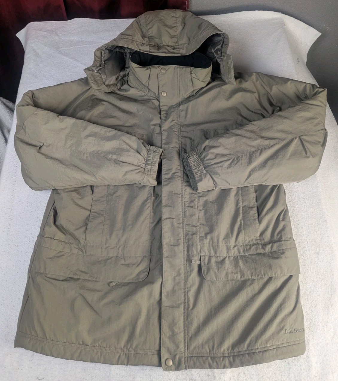 LL Bean Mens XL Primaloft Ski Jacket Hooded Insulated Coat Olive Green Pockets