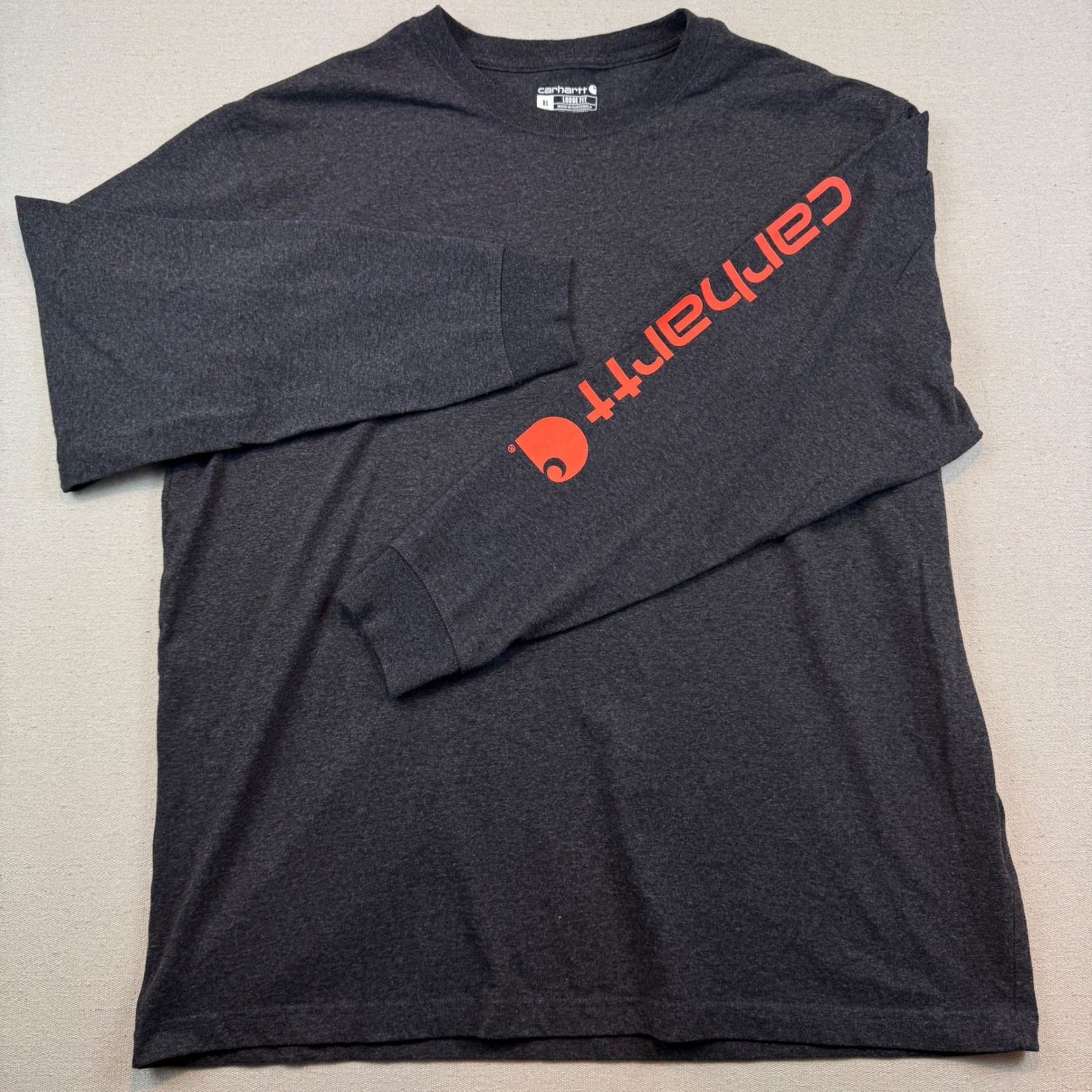 Carhartt Mens XL Loose Fit Long Sleeve T-Shirt Charcoal Grey Orange Sleeve Logo