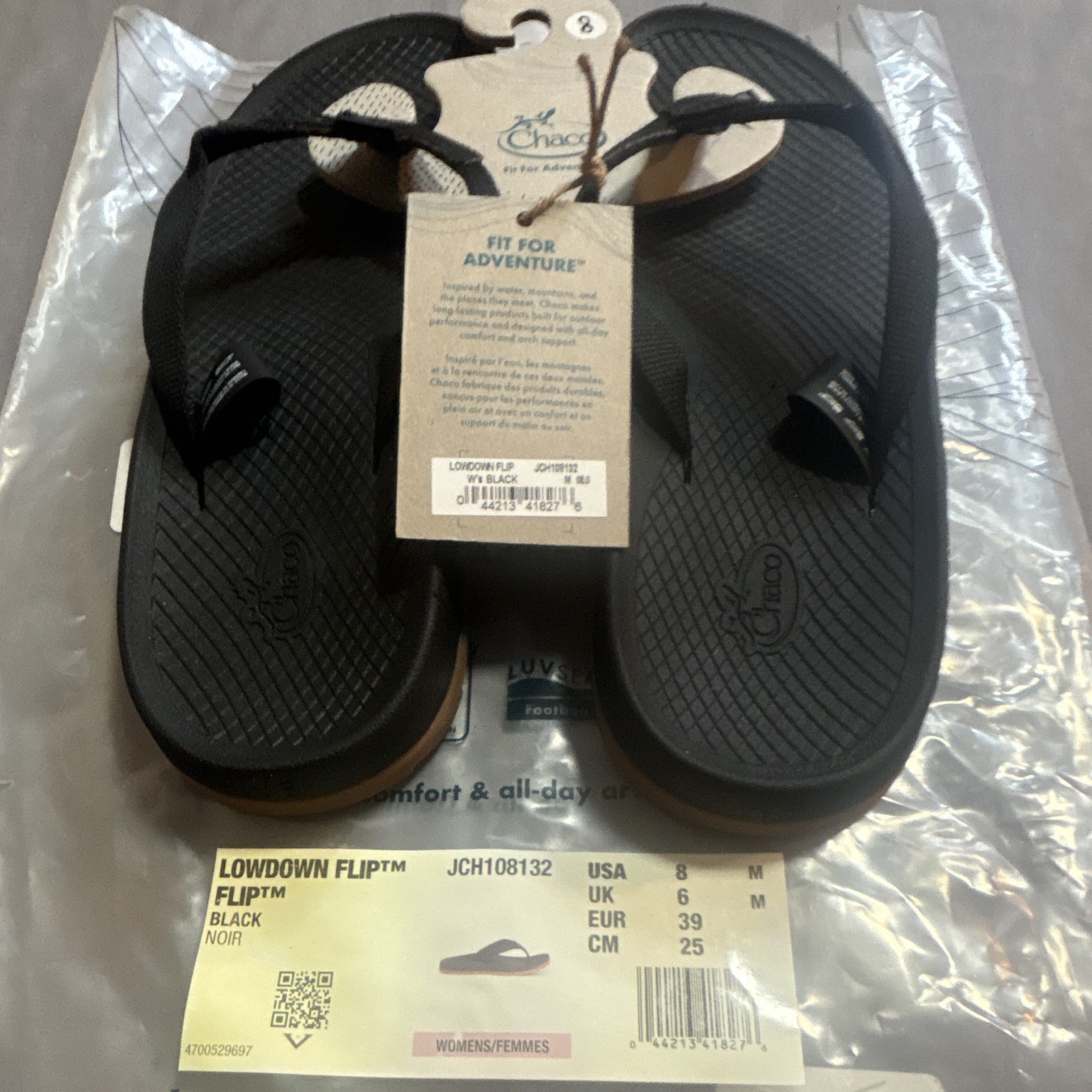Chaco NWT Lowdown Flip Sandal Black Slip-On Synthetic US 8 EU39 UK6 JCH108132