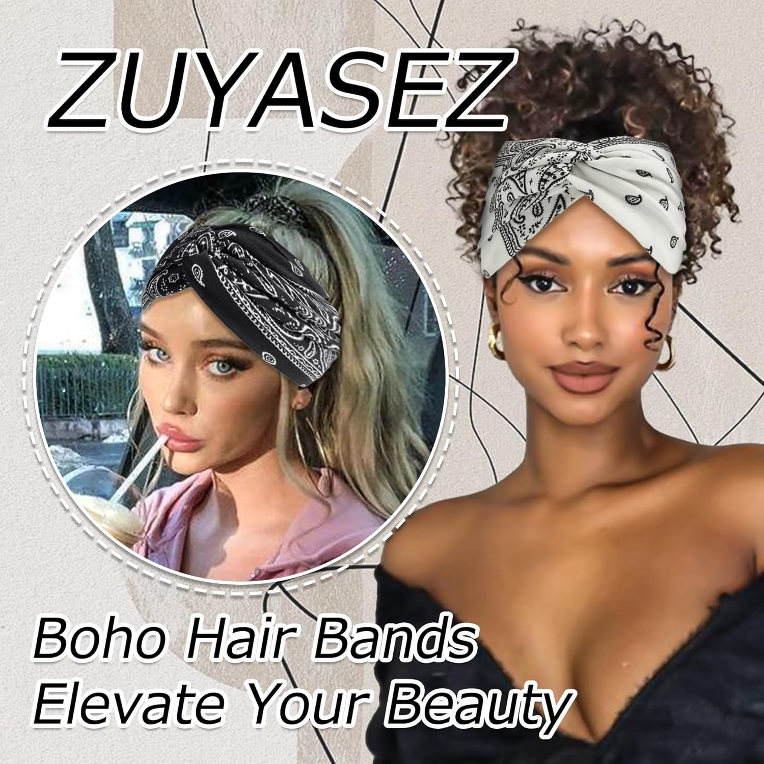 4 Pack Wide Headbands for Women Paisley Twist Hair Bands Stretchy Cross Head Tur