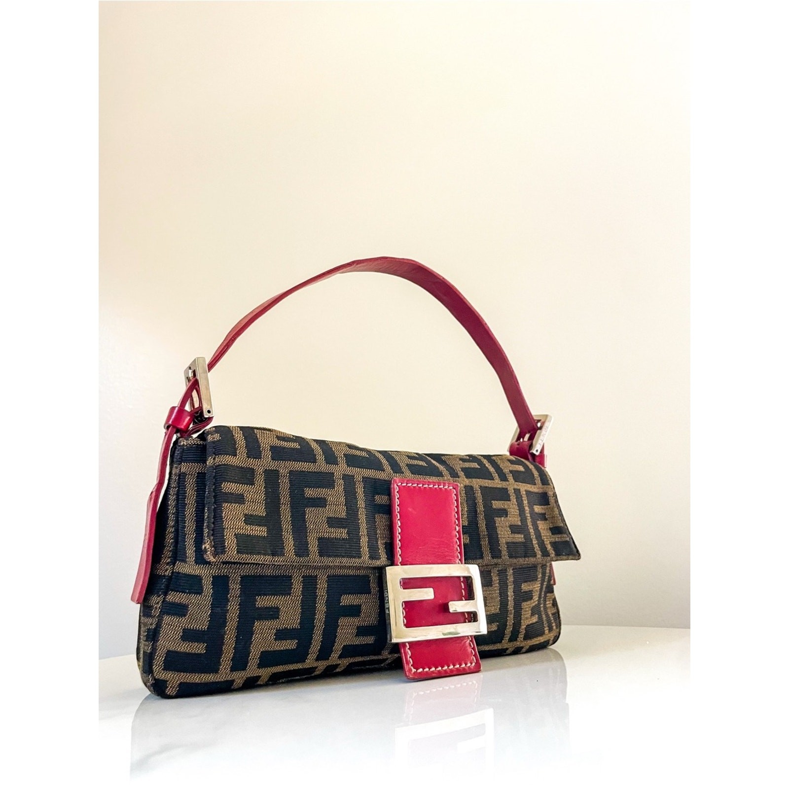 Authentic Fendi Baguette shoulder bag Zucca FF monogram canvas red leather trim