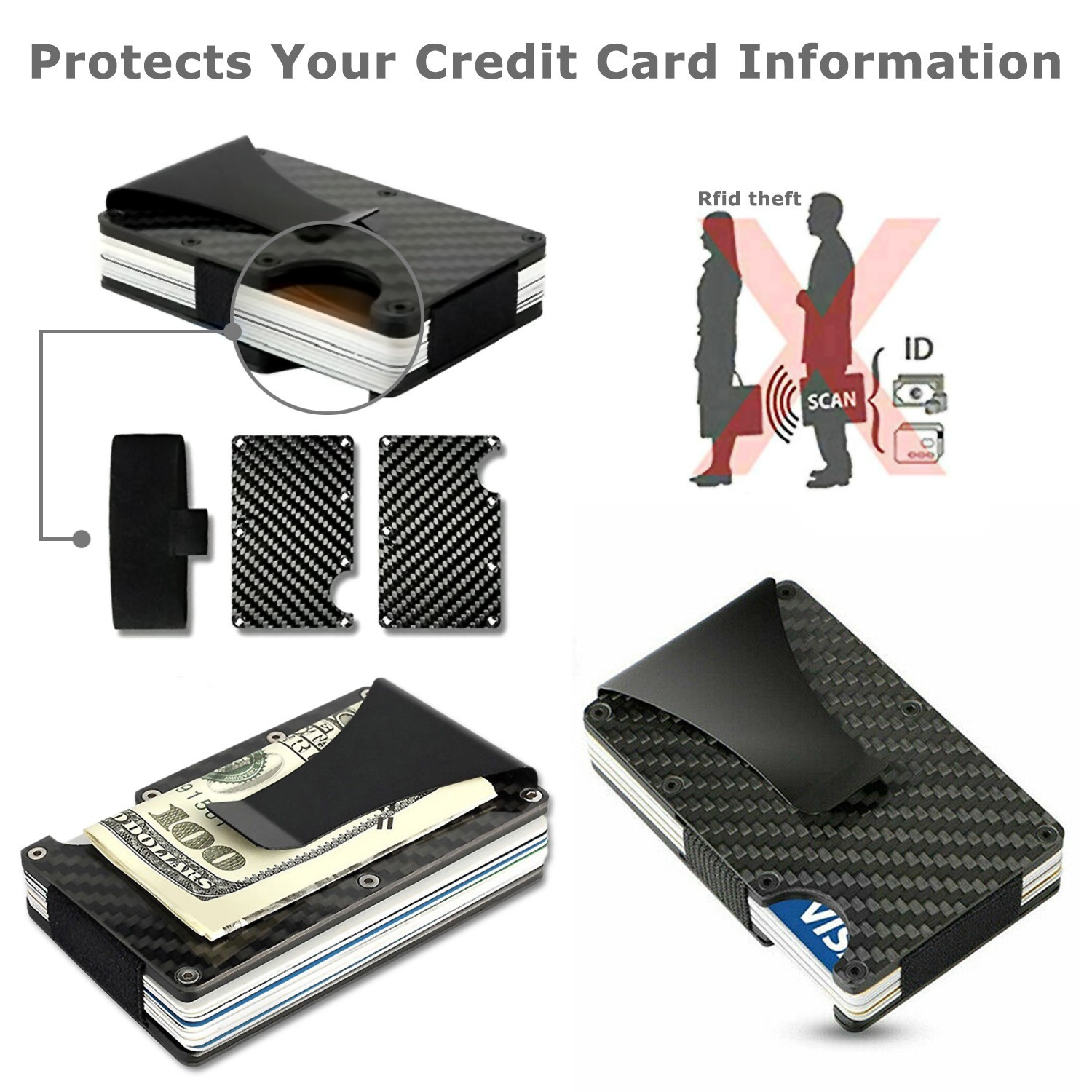 Men’s RFID Blocking Slim Money Clip Carbon Fiber Wallet ID Credit Card Holder