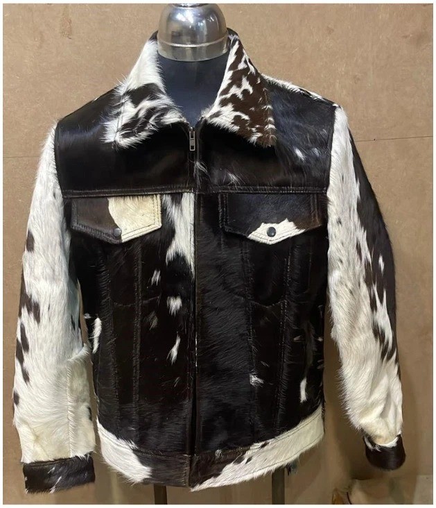 Men’s Genuine Cowhide Hair-On Leather Jacket -Natural Cow Skin Pattern Coat Gift