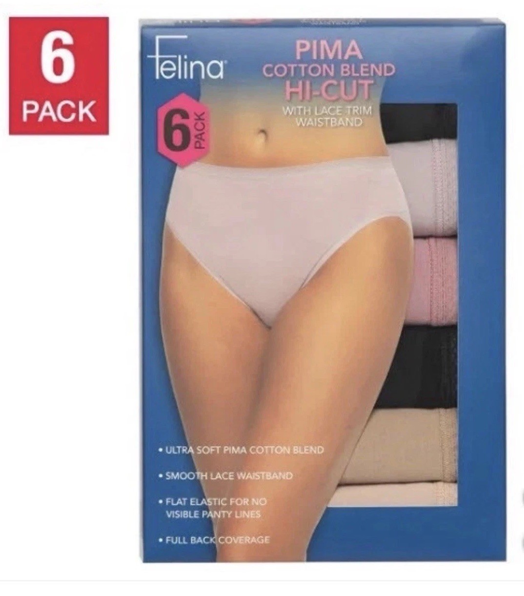 NEW Felina Pima Women’s Cotton Blend Hi Cut Lace Trim Waistband Underwear 6 Pk