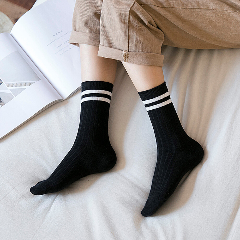 1-5 Pairs Womens Mens Athletic Sports Crew Socks Cotton Striped Classic Casual