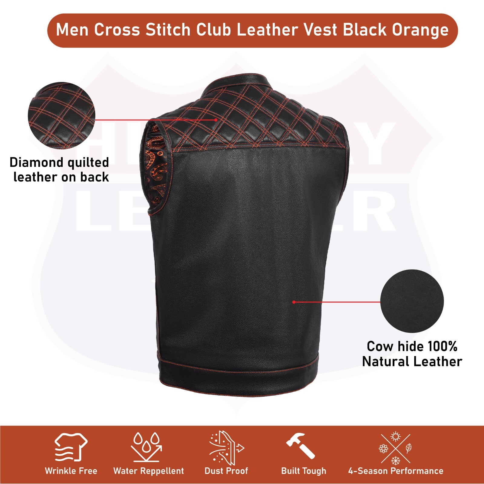 ORANGE HL11693SPTORANGE Black Men Cross Stitch Club Leather Vest