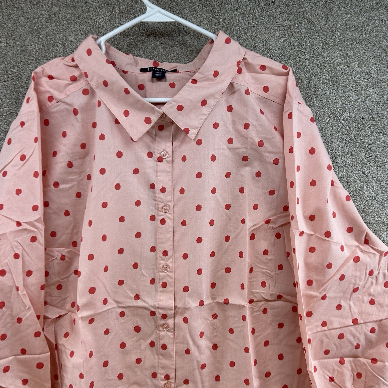 NWOT Roman’s Women’s Button Front Shirt Size 34W Pink Red Polka Dot Blouse Plus
