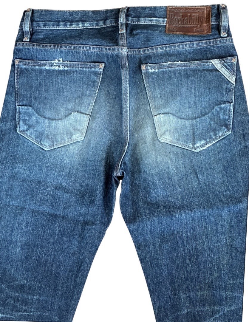 Rockabilly Blue Denim Straight Jeans Distressed 5-Pocket Logo Solid