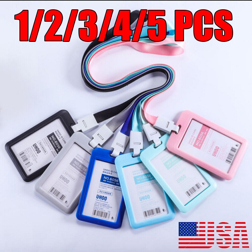 1-5 PCS Waterproof ID Badge Holder Hard Plastic Card Case Slim Lanyard Protector