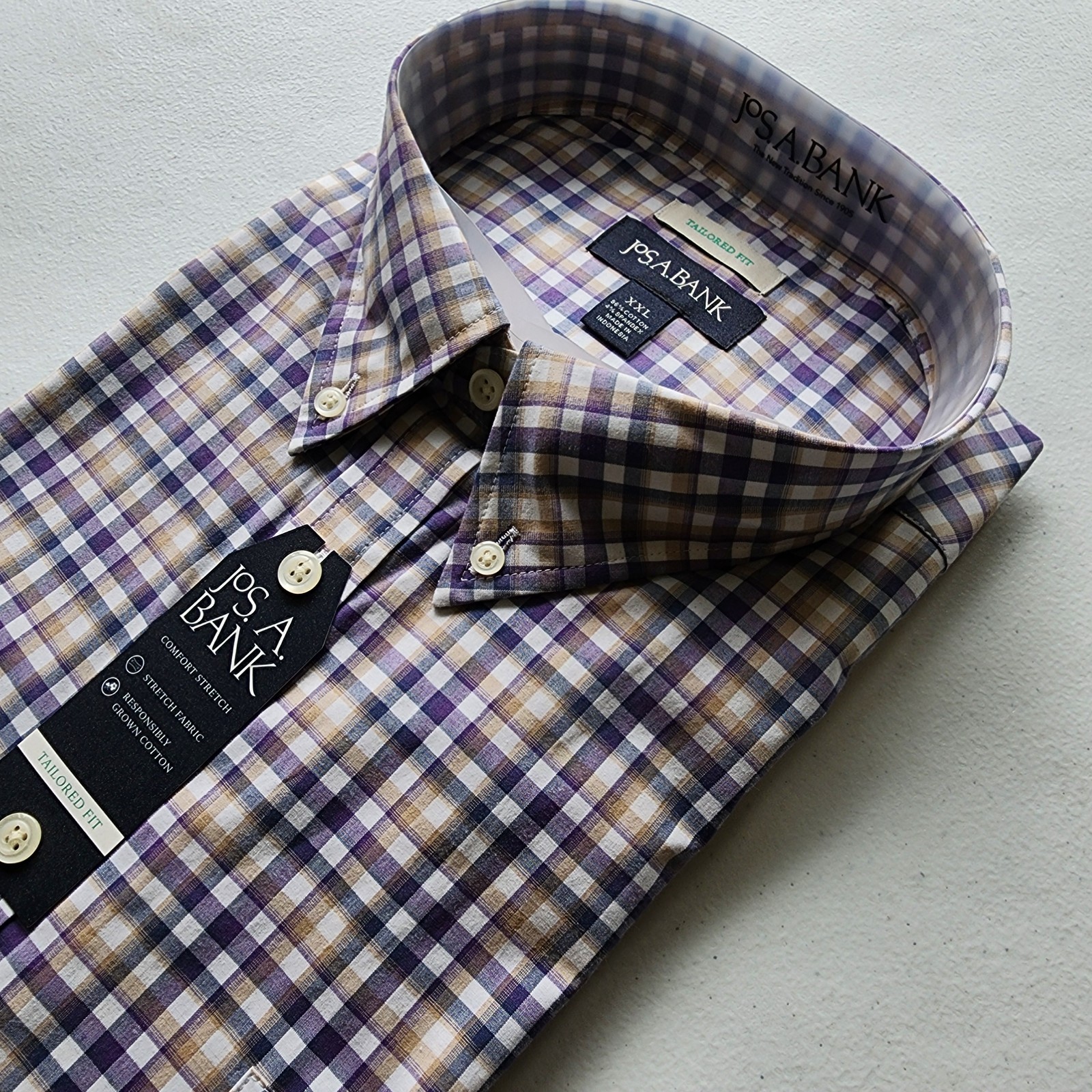 XXL Purple Shirt Plaid Checked Beige White Mens Jos A Bank New Tailored Fit Size