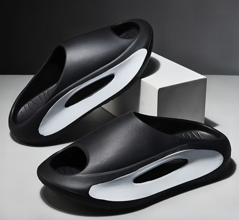 Men’s Slide Sandals Black/White Solid Slip-On Cut-Out Accents Comfort Casual