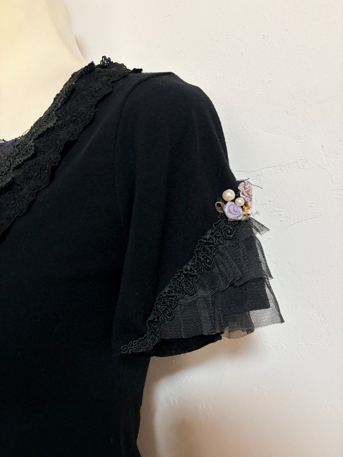 Axes Femme Black Top Rose Bead Pearl Square Neck Tulle Lace Kawaii Fairy Kei M