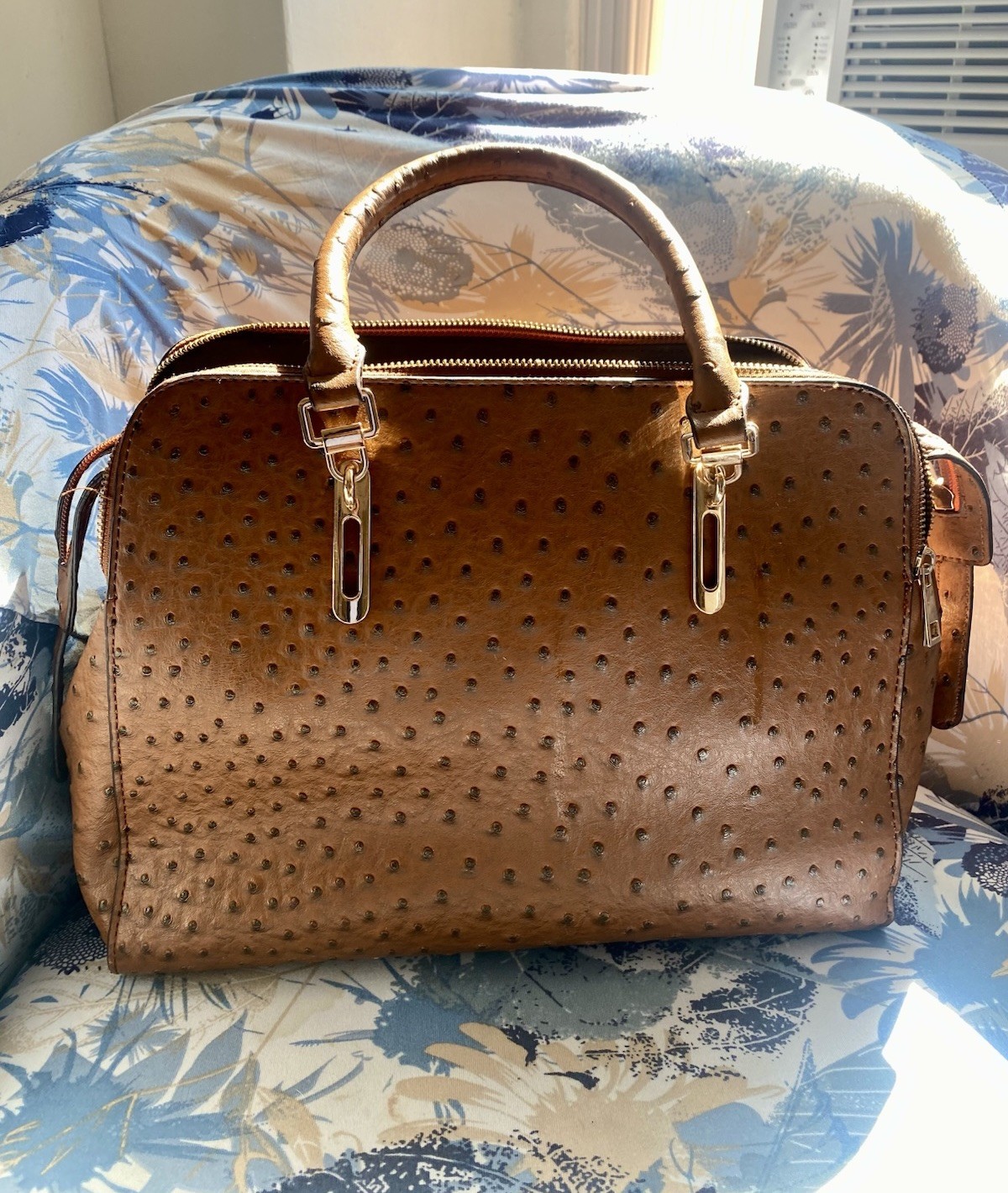 CATO Brown Textured Faux Ostrich Satchel Handbag Structured Double Zip Purse