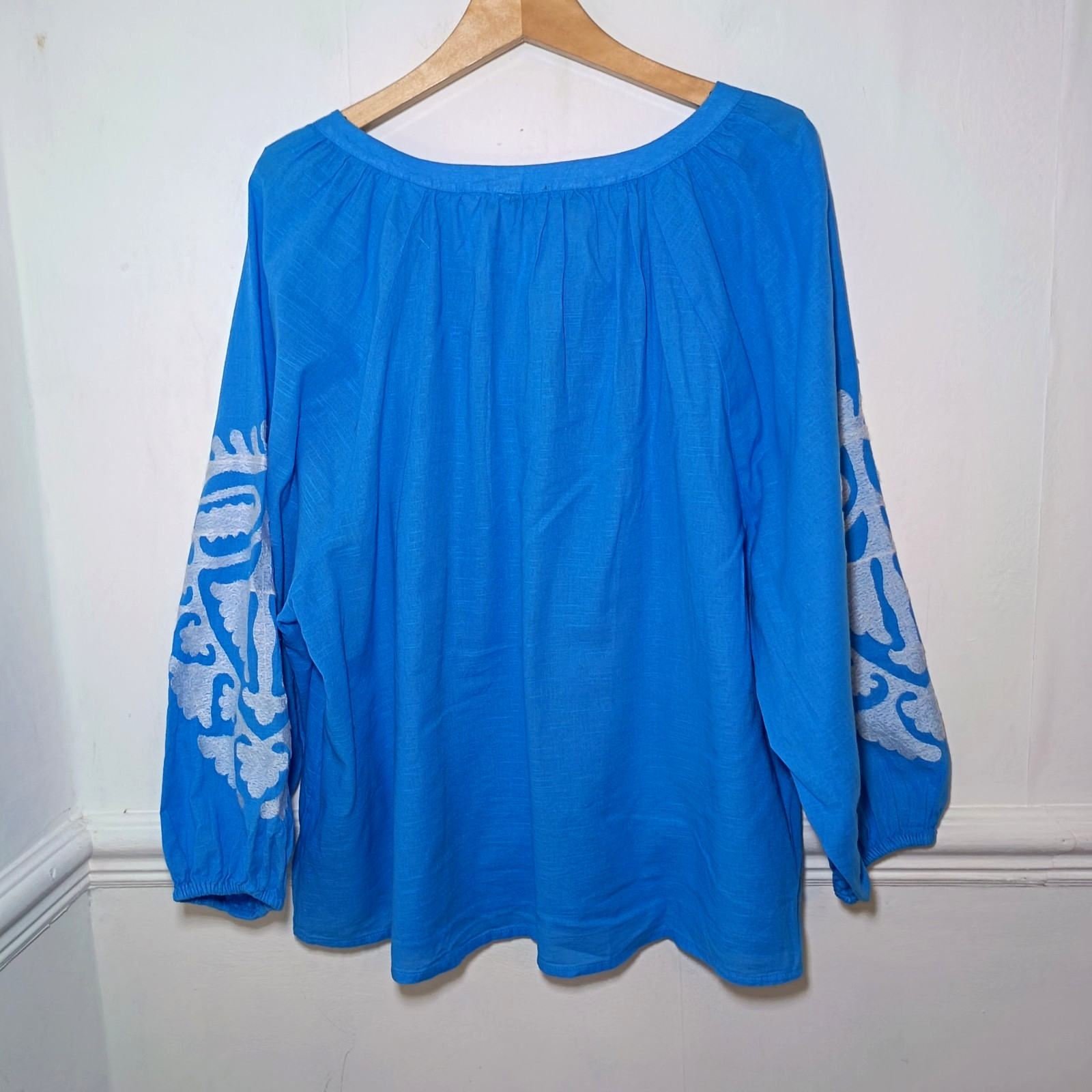 F&F Womens Top Blue Size UK 18 100% Cotton Embroidered Boho Lagenlook Tassel