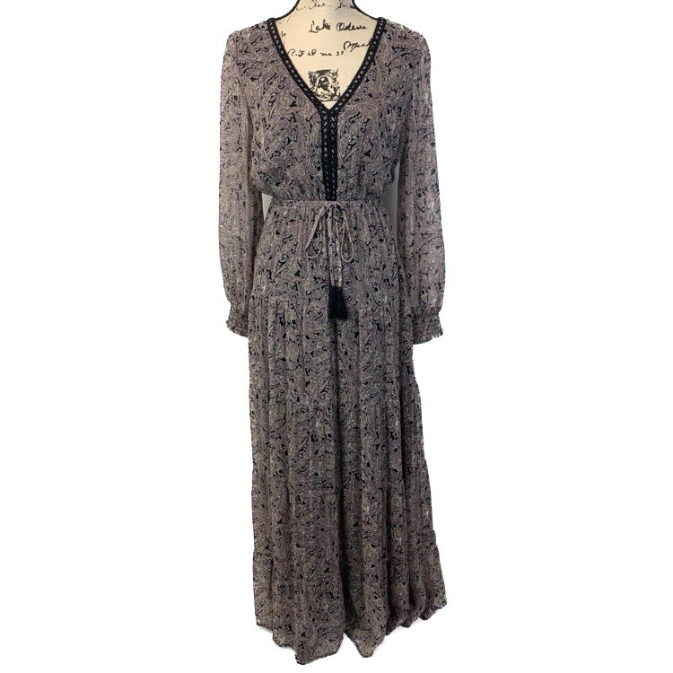 Lovestitch Women Small Maxi Dress Paisley Victorian Chiffon Tassels Sheer Boho