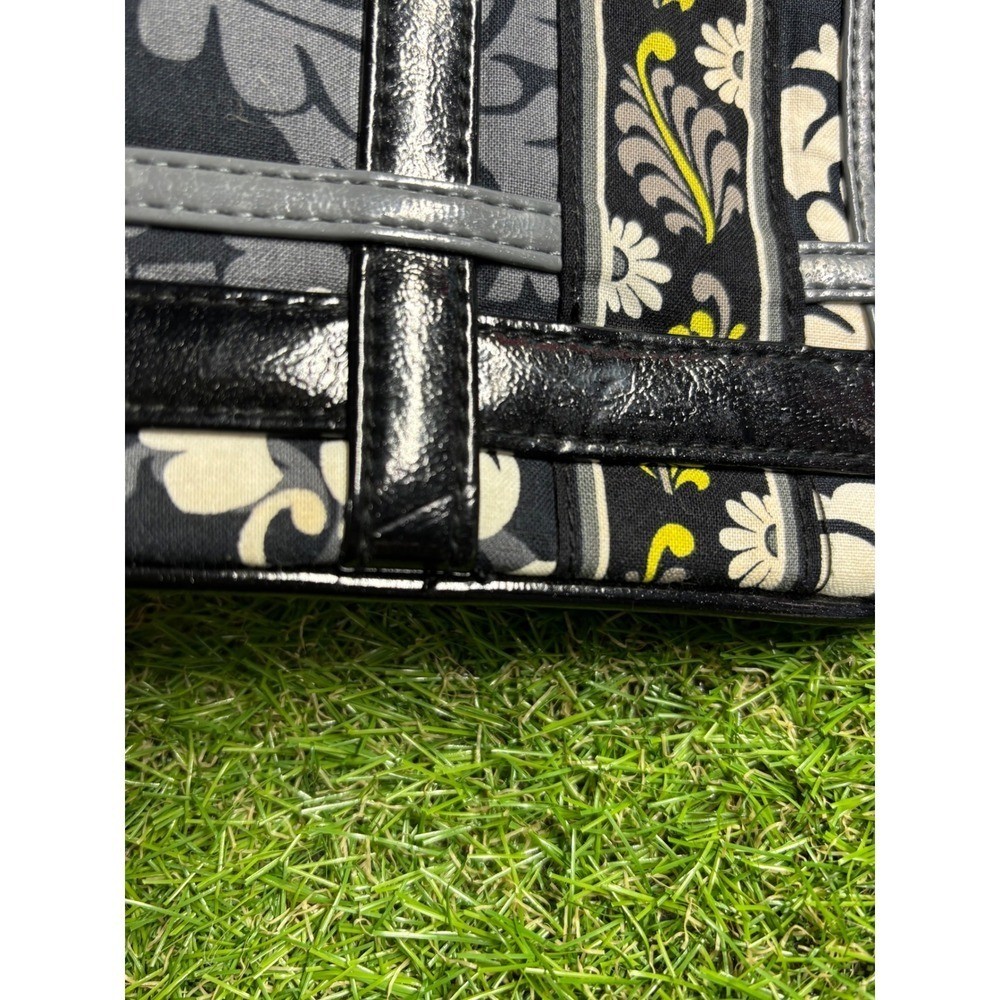 Womens Black Floral Print Wristlet Pouch with Ring Handle and Yellow Accents