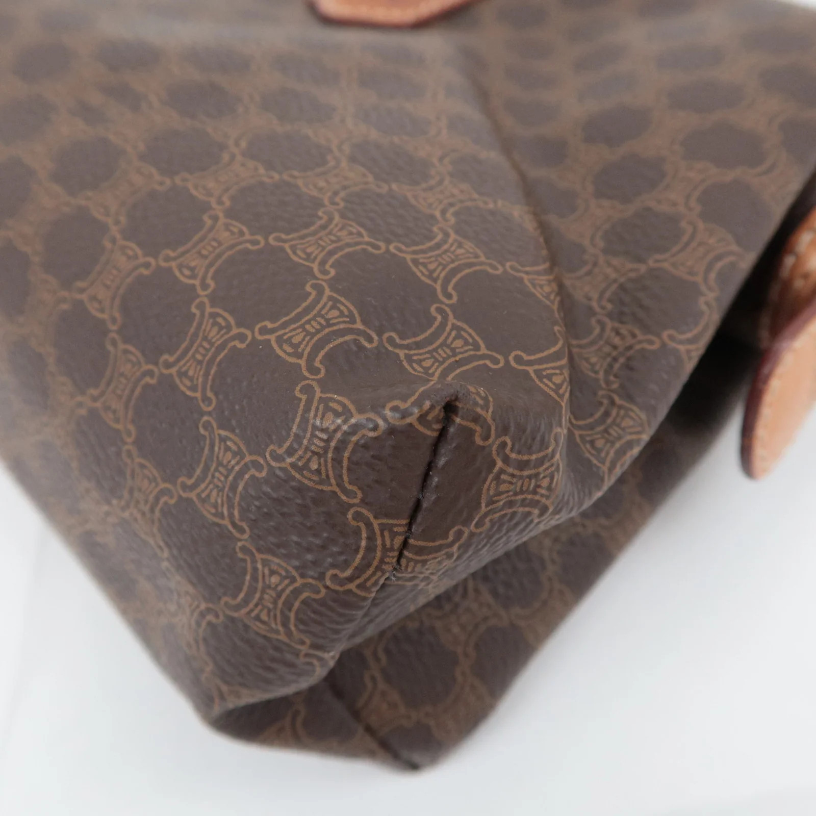 CELINE Macadam PVC Leather Cosmetic Pouch Brown Gold HDW Authentic