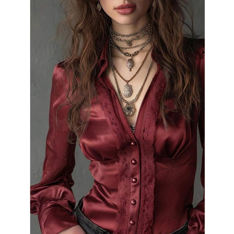 Womens Satin Long-sleeve Shirt With A Turn-down Collar