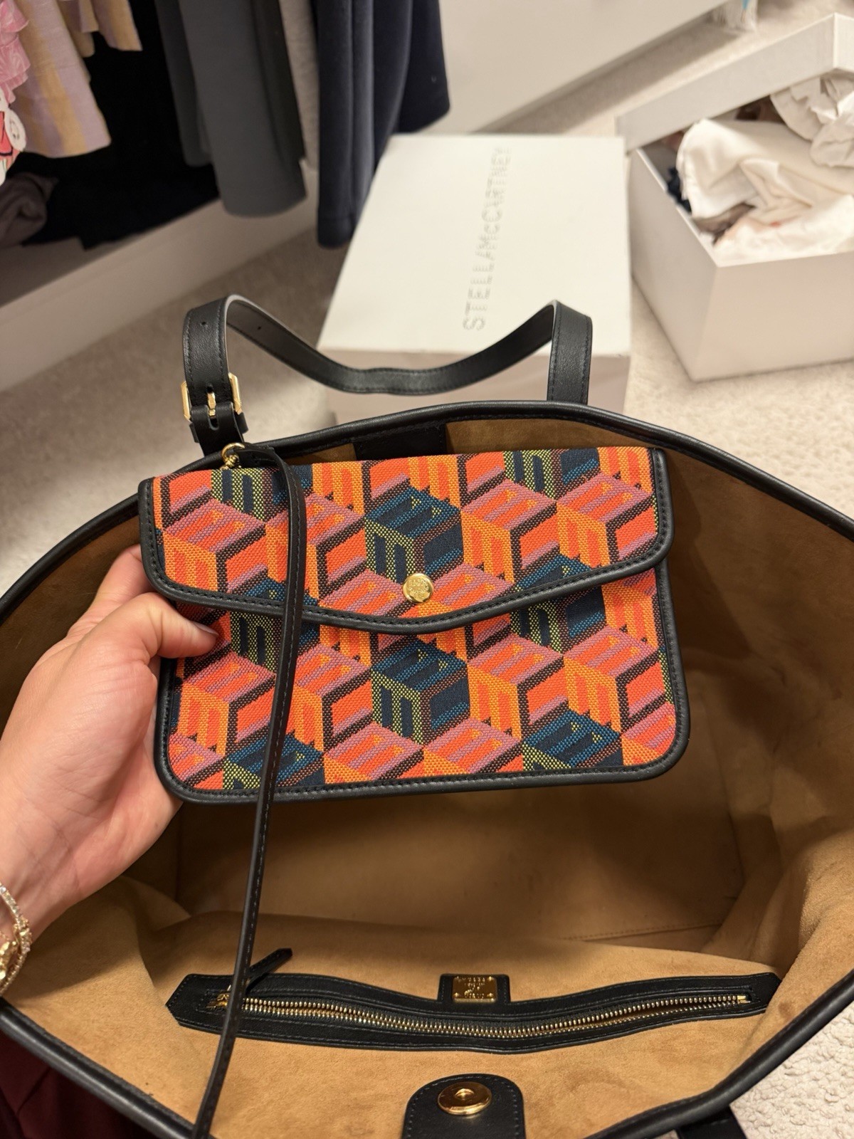 MCM Geometric Multicolor Tote Bag w/ Removable Pouch, Black Handles, Gold HW