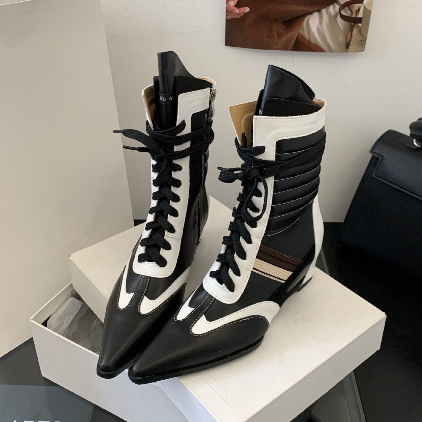 Women’s Pointed Toe Ankle Short Boots Two Tone Color Block Patchwork Shoes 2026