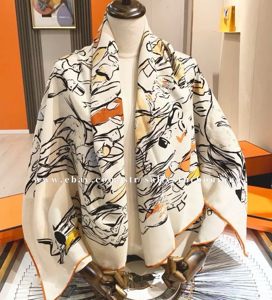 Sallys 70% Cashmere & 30% Silk Wrap Scarf Horses Print Double Face Shawl 53″