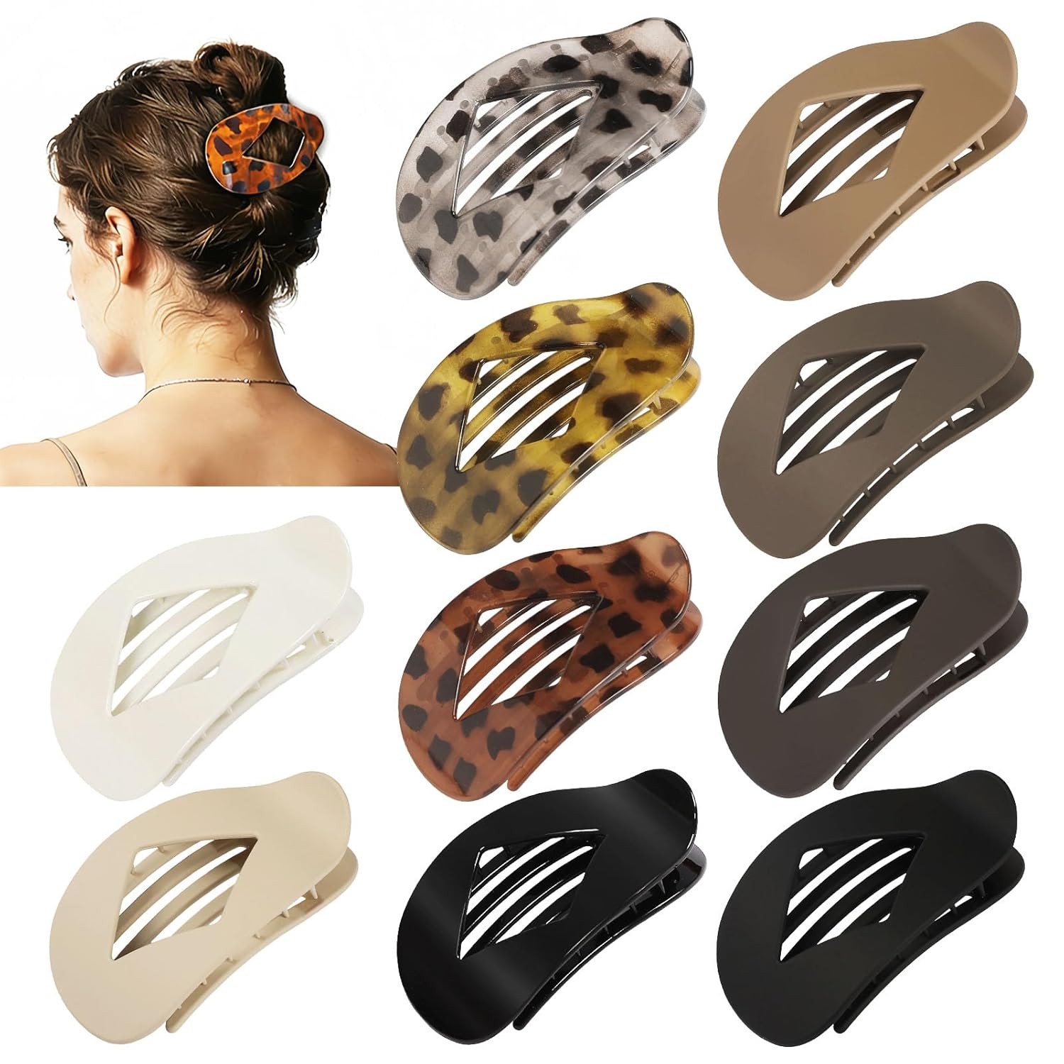 10 PCS Flat Hair Clips for Women – Large Matte & Tortoise Hair Claw Clips