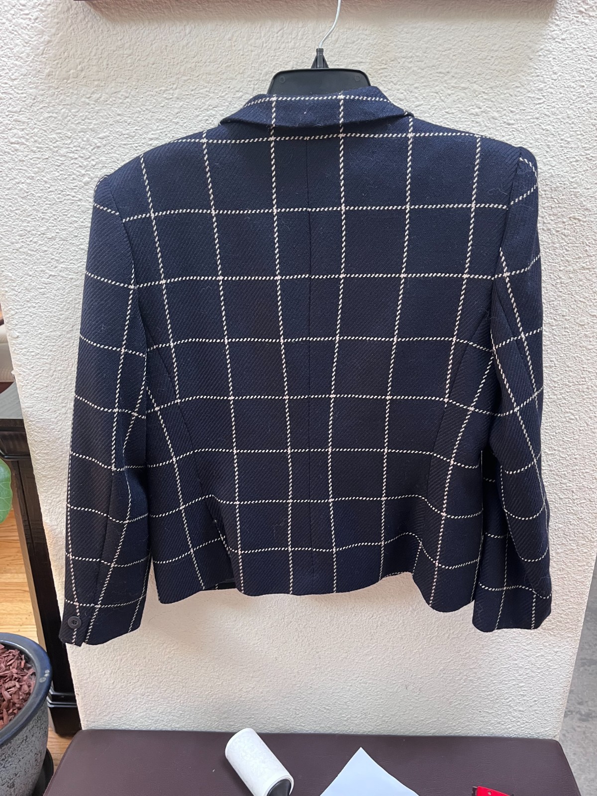 Jones New York Blazer Womens Navy Windowpane Check 100% Wool Lined Notch Lapel M