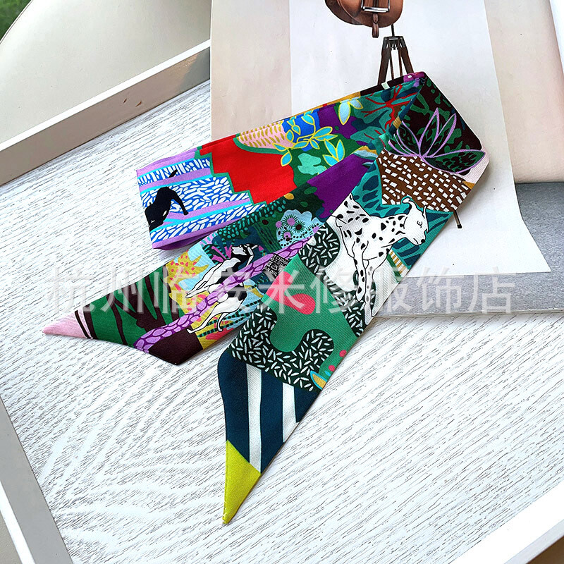 Sally Mulberry Twill Silk Scarf Ribbon Dogs Print Slim Head Band Neck Tie 90x5cm