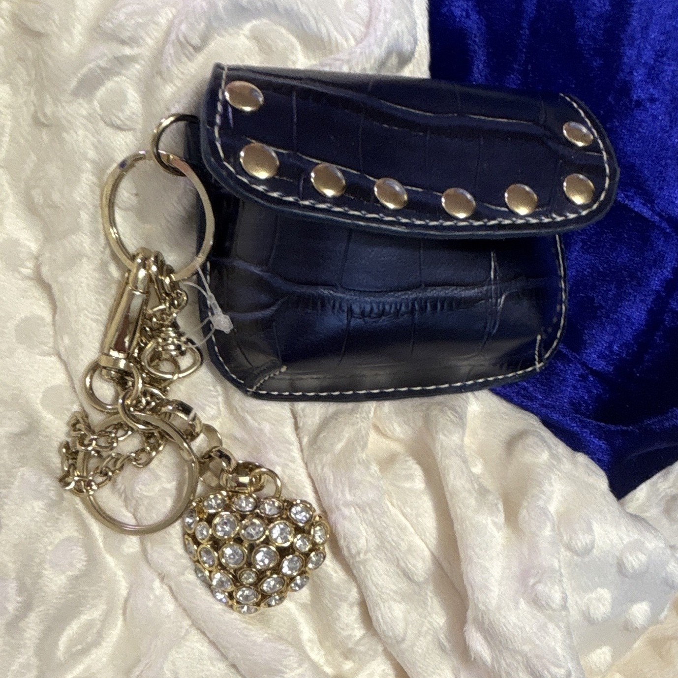 Kathy Van Zeeland Blue/Gold Croc Key Chain Heart Charm Rhinestone Studded