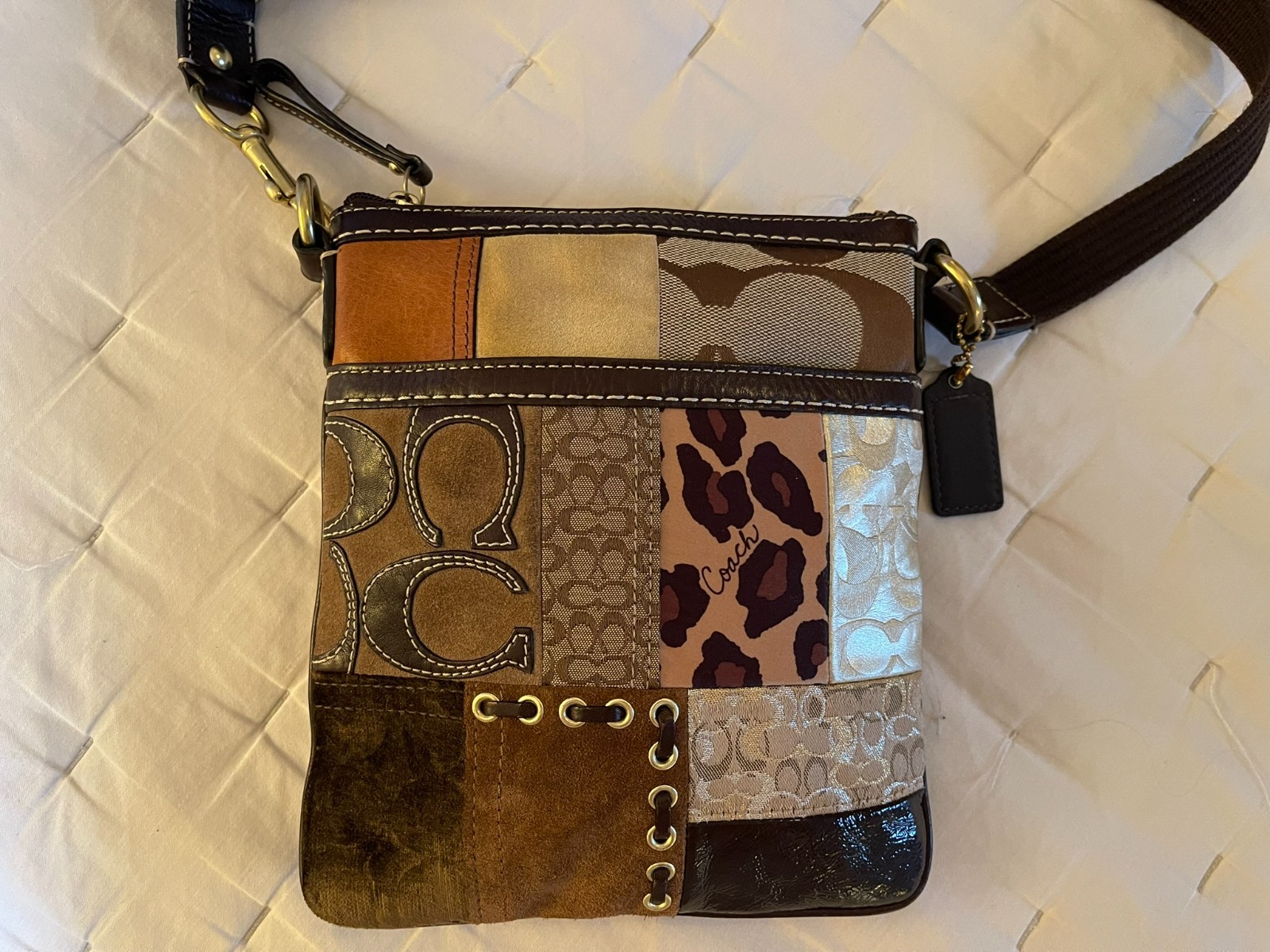 Coach Patchwork Swingpack Crossbody + Matching Wristlet Y2K Mixed Media Leopard