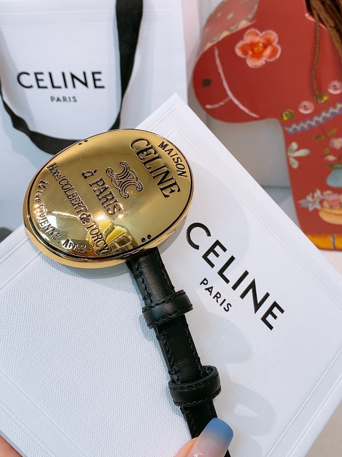 Celine Triomphe Women’s Black Leather Belt with gold buckle