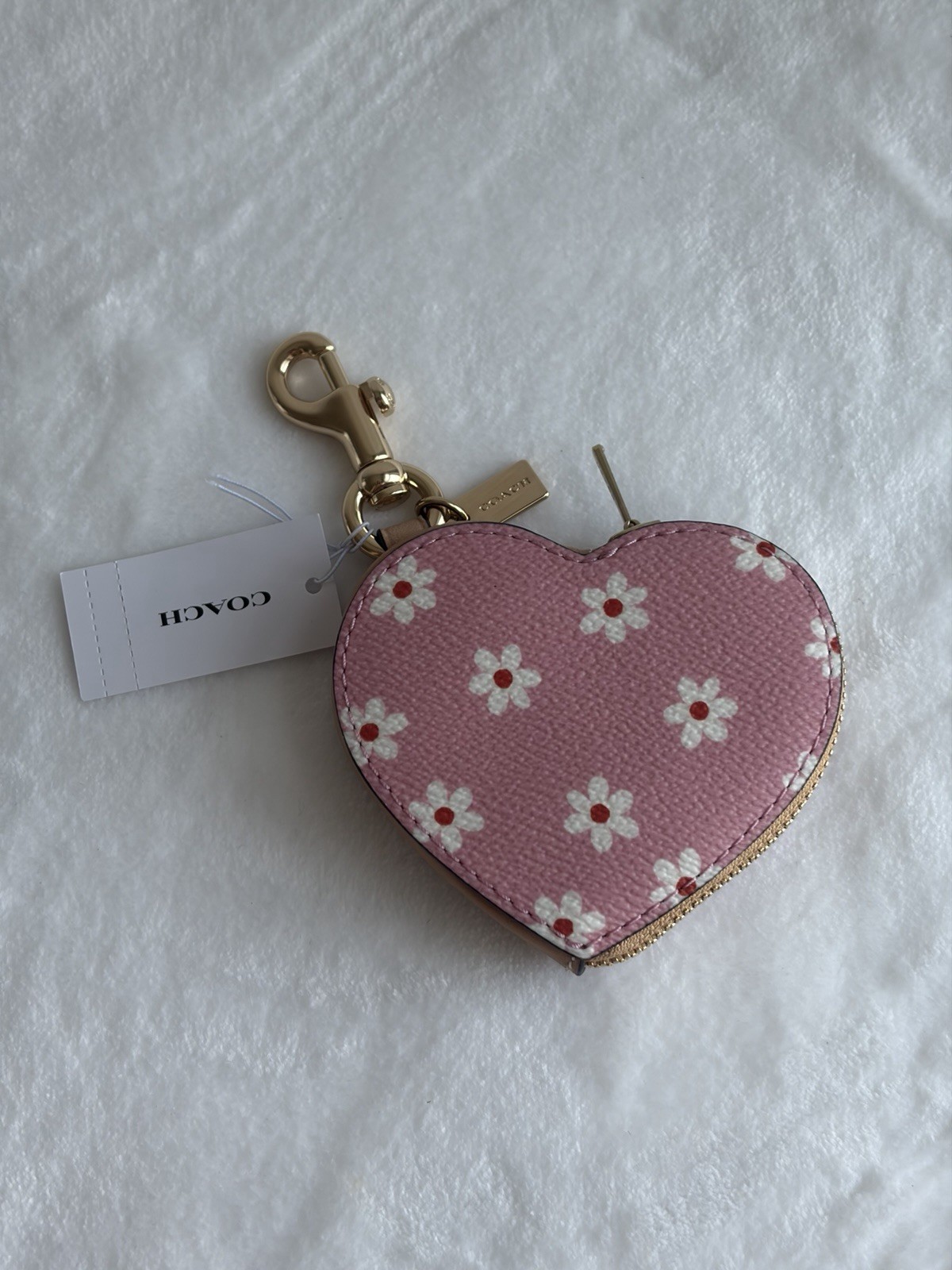 Coach Floral Heart Zip Coin Purse Keychain Charm Pink/White/Gold Leather CEU35
