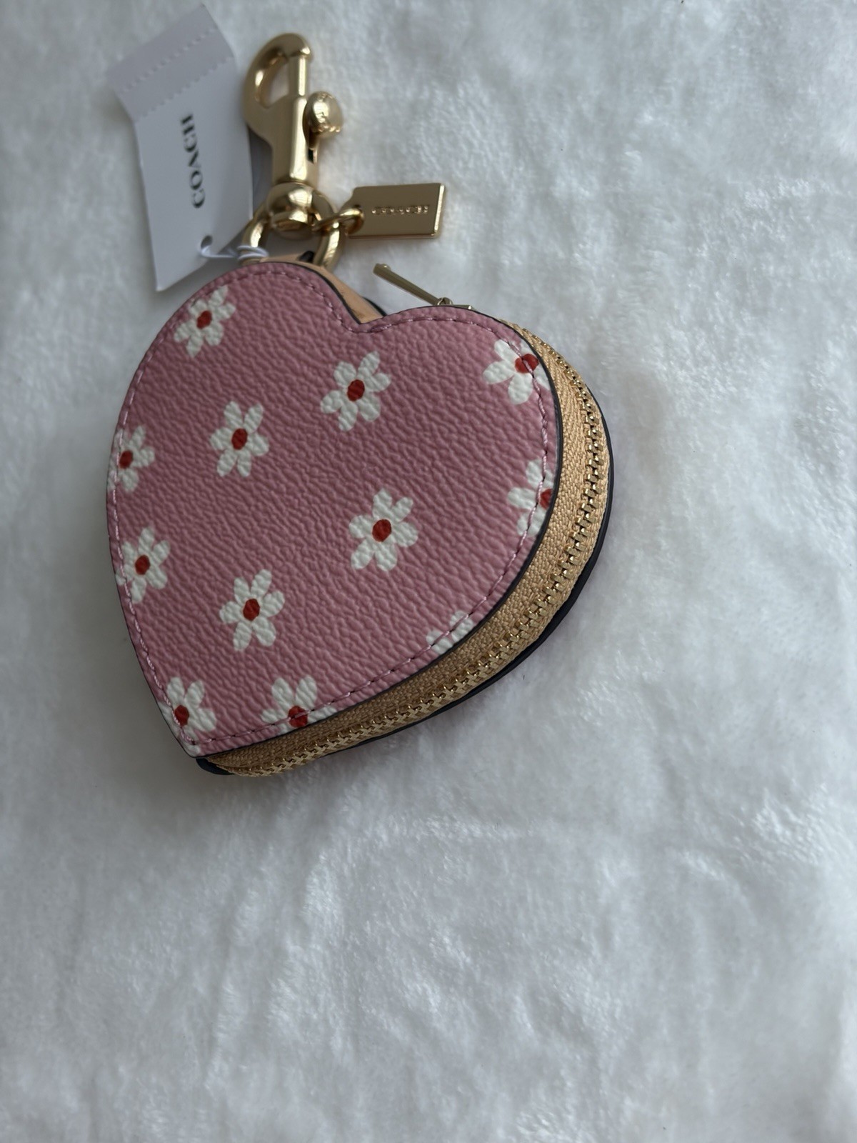 Coach Floral Heart Zip Coin Purse Keychain Charm Pink/White/Gold Leather CEU35
