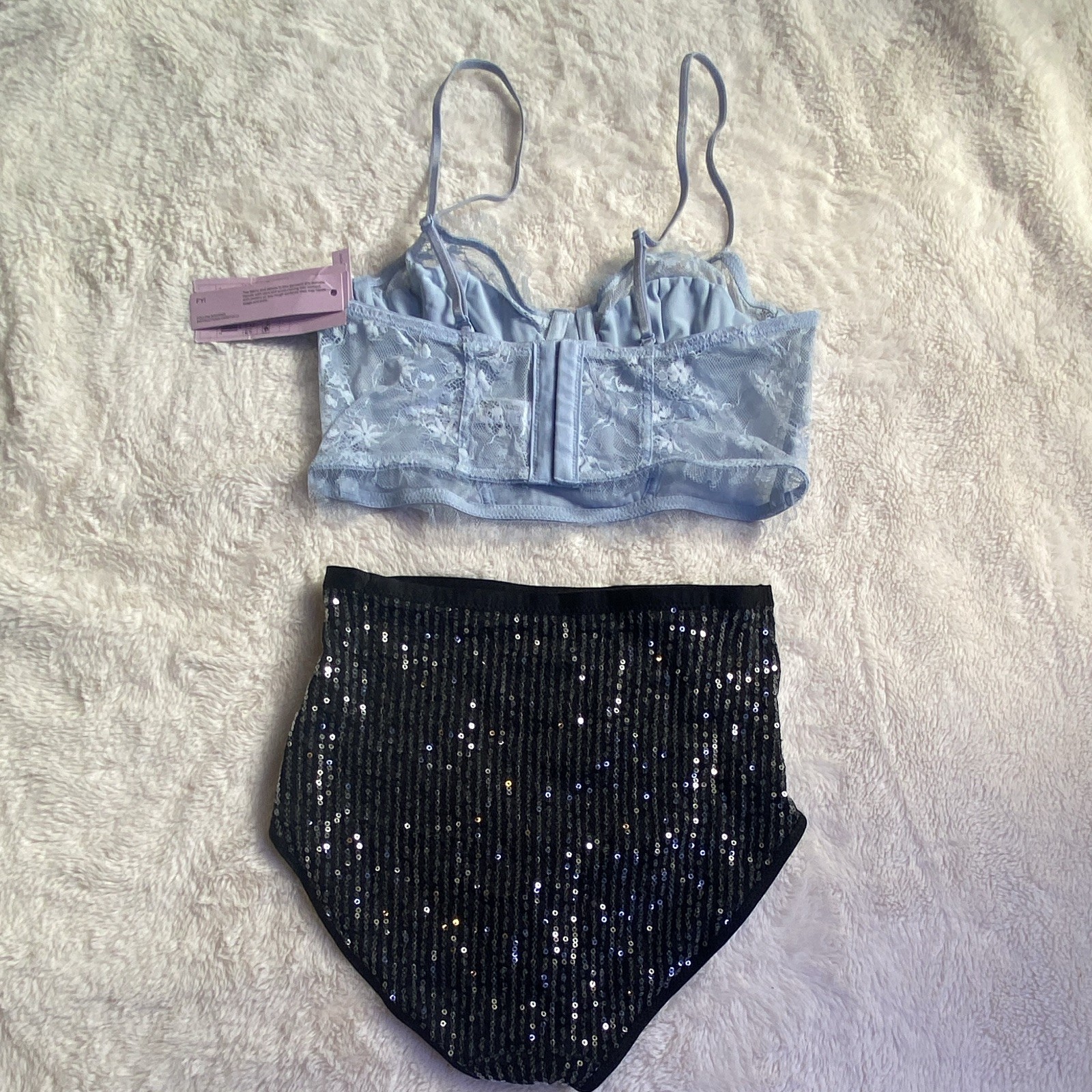 Wild Fable Light Blue Sequin Lace Underwire Balconette + Black High-Waist XXS