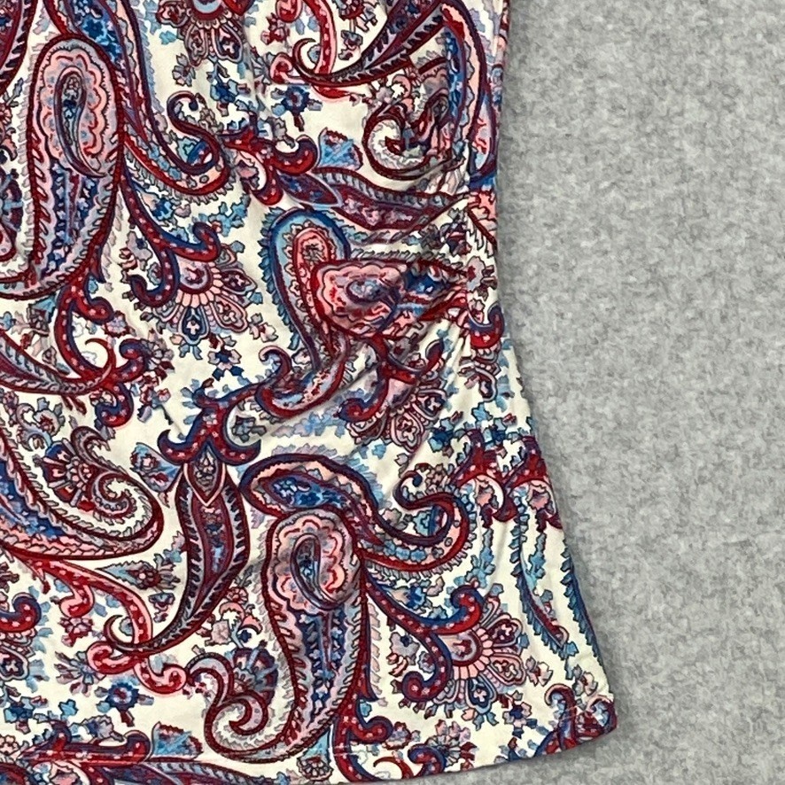 Talbots Top Womens PP Red Blue Paisley Ruched Side Short Sleeve Boho Career