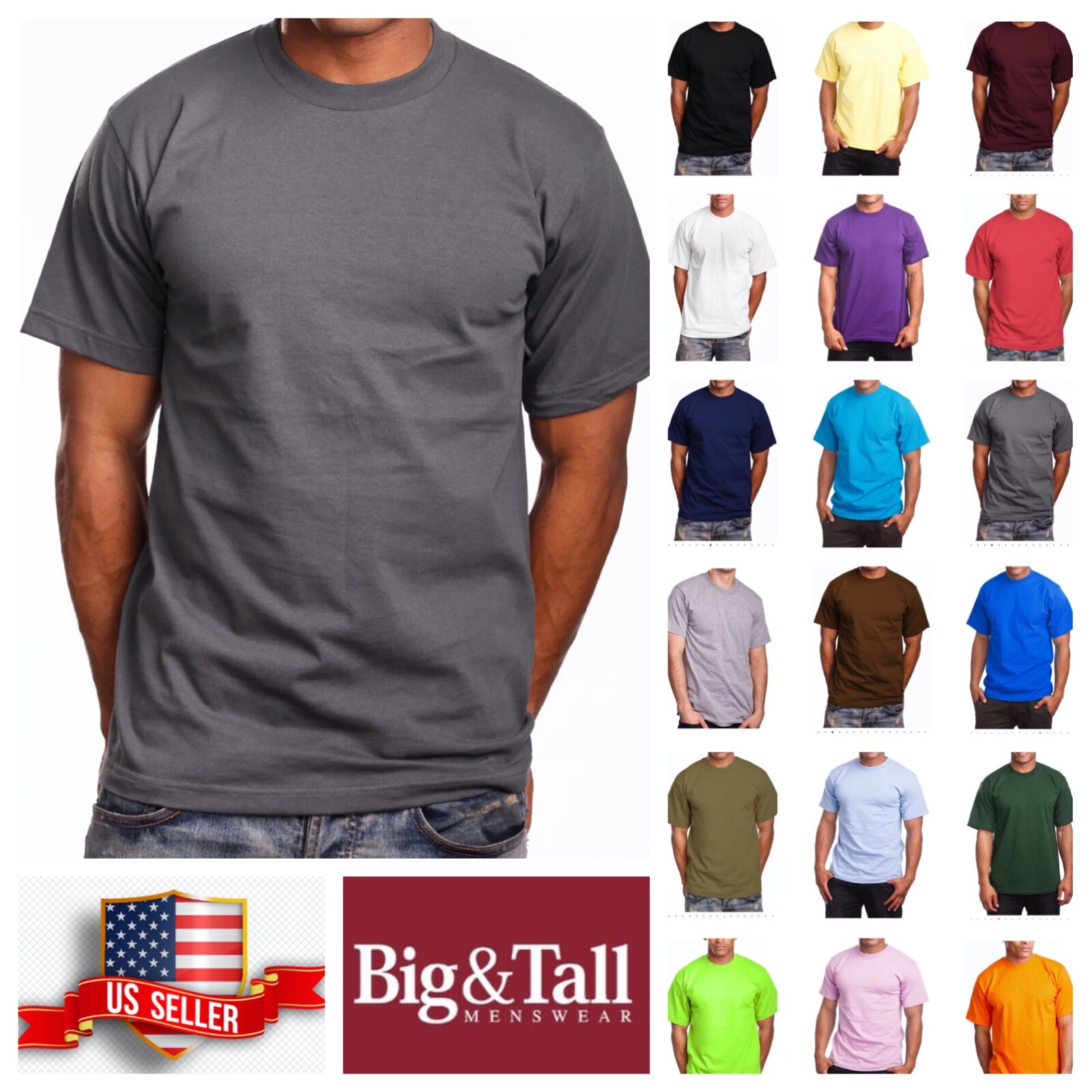 Mens T- Shirt HEAVY WEIGHT Plain Crew Neck Cotton S-7X & LT-5XLT Big and Tall
