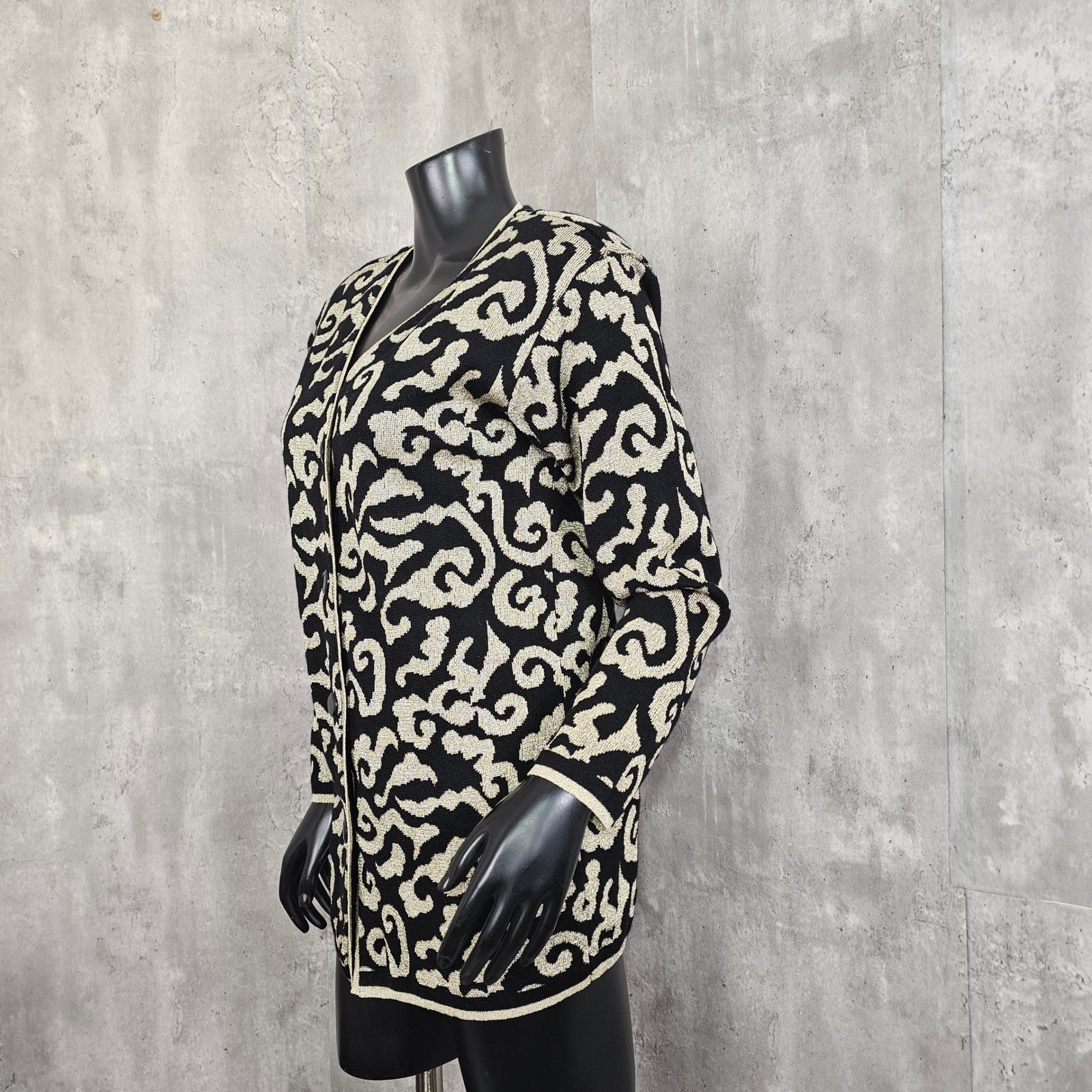 Vintage 80s 90s Tesori Baroque Knit Jacket Gold Black Wool Cardigan XS