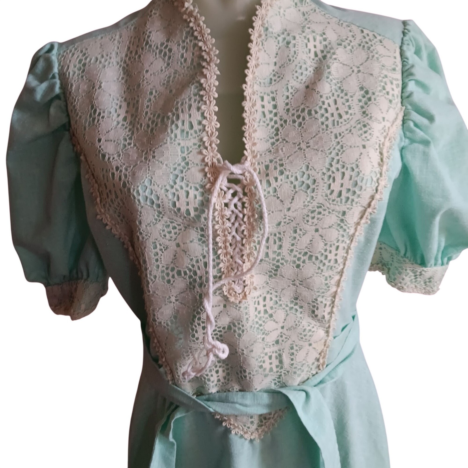 True Vintage Prairie Maxi Dress sz 8 1970s Boho 1OF1 Lace Puff Sleeves Green