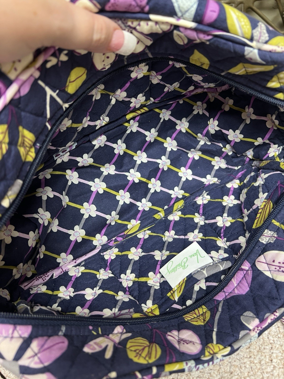 Vera Bradley Navy Floral Shoulder Bag Purse Zip Closure Bag Charm Inner Pockets