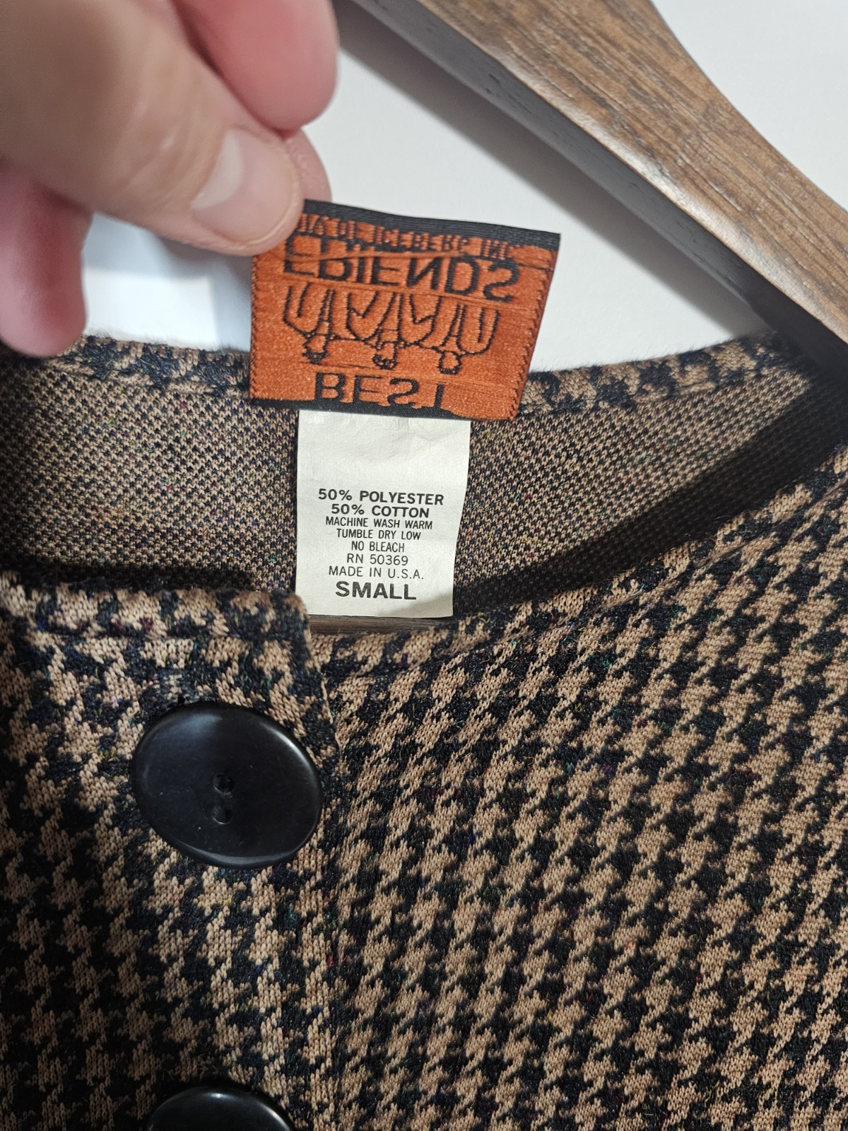 VTG 80s 90s FRIENDS Crop Houndstooth Jacket Knit Top Made in USA Small