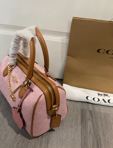 Coach Rowan Satchel Bag Signature Canvas With Charms Gold/Powder Pink CEA18 New