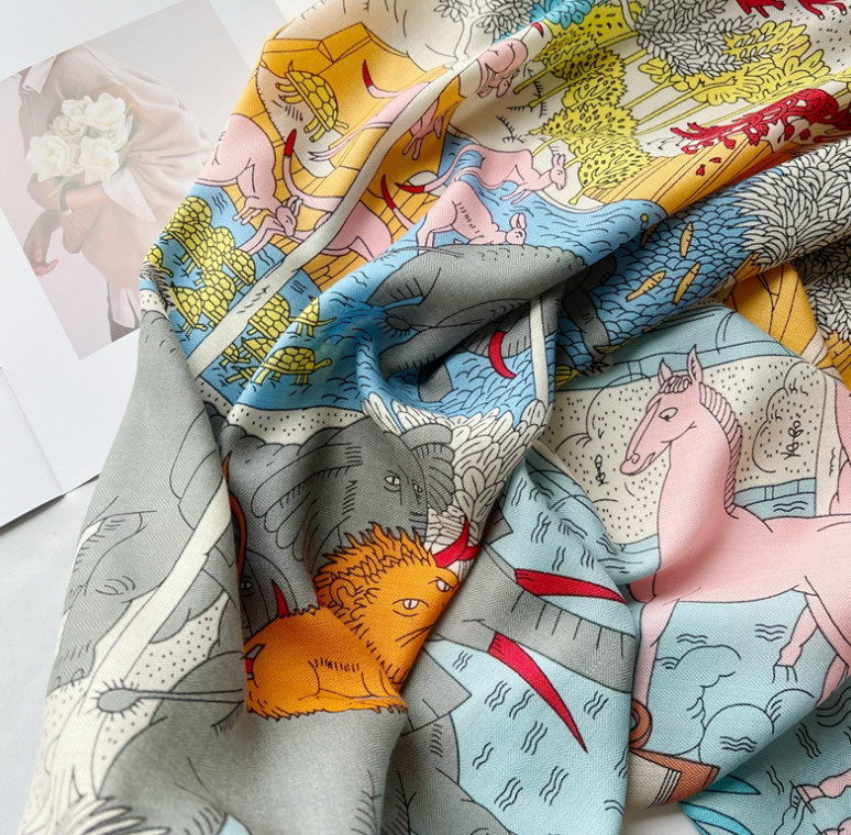 70% Cashmere 30% Silk Wrap Scarf Animal World Print Double Face Print Shawl 53”
