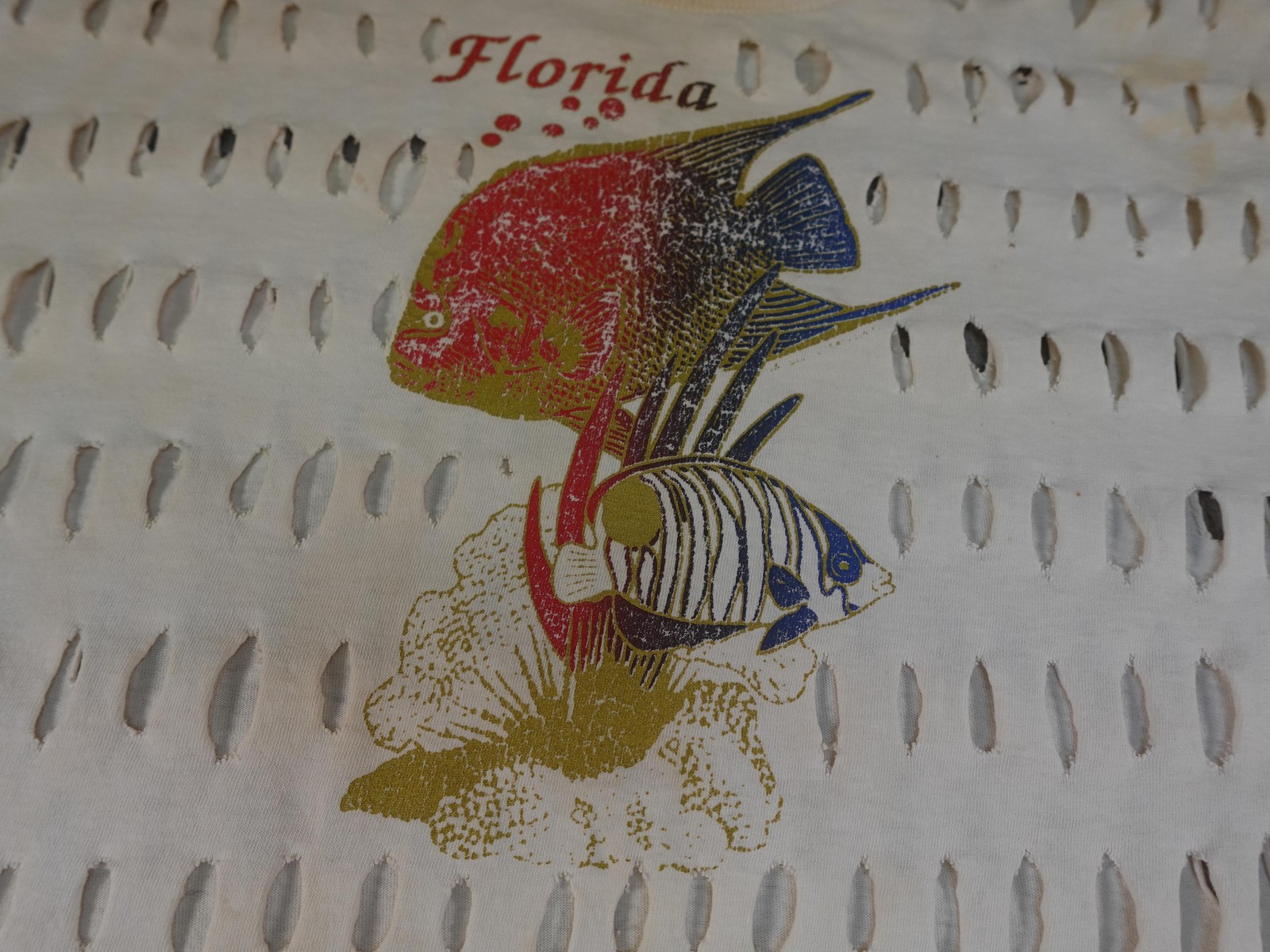 Vintage Florida Shirt Womens 2XL White Fish Cutout Beaded Fringe Beach Summer