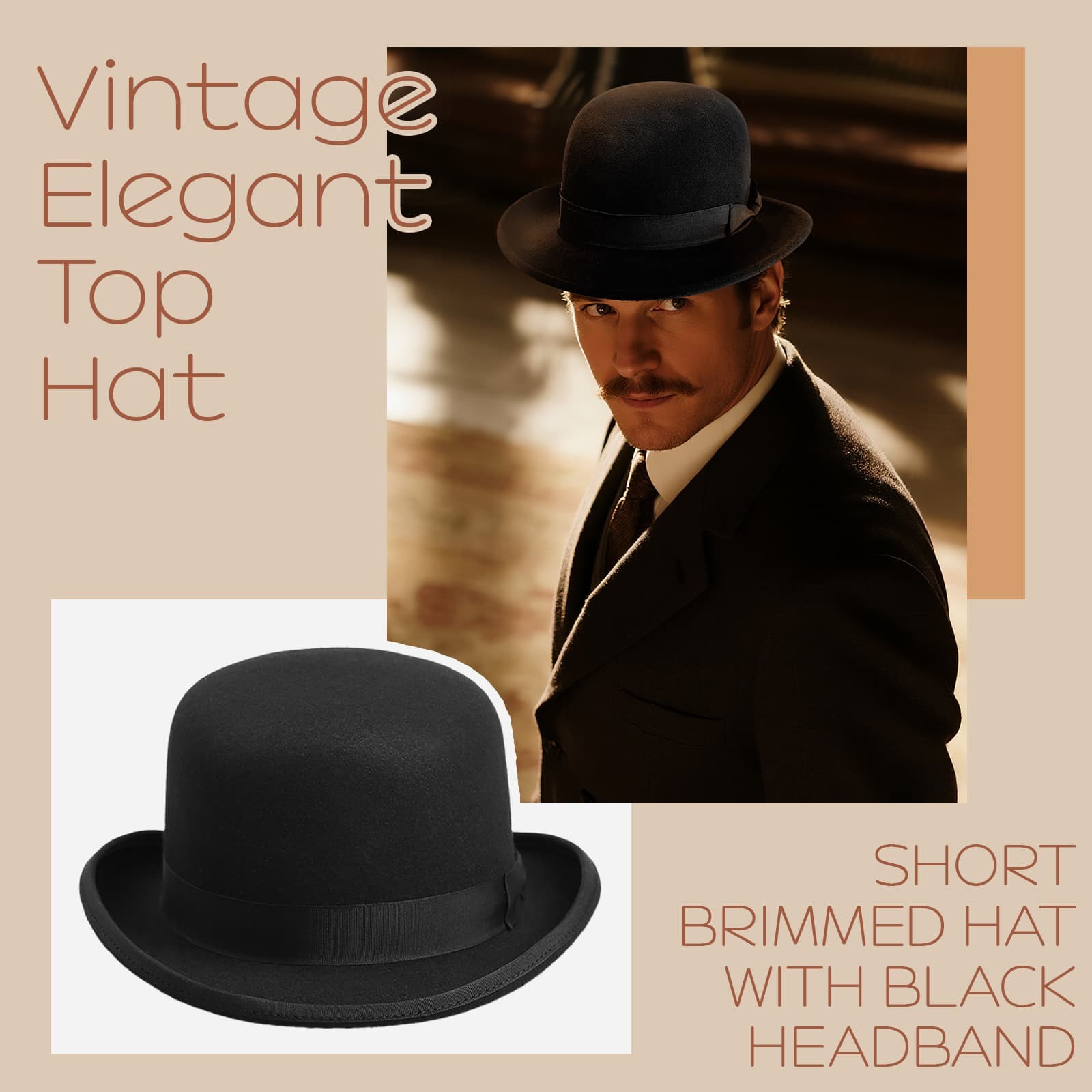 Men Retro Elegant Bowler Hat Short Brim with Hat Band for Formal Casual Wedding