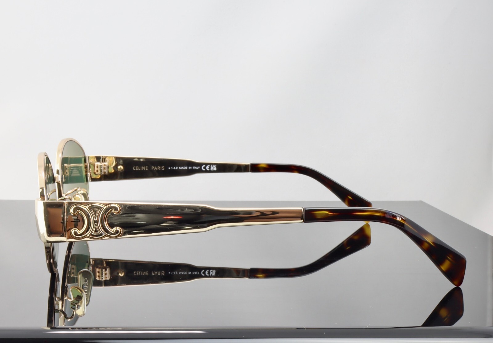 Celine Triomphe Metal CL40235U 30N Gold / Green Lenses Oval Sunglasses 100% UV
