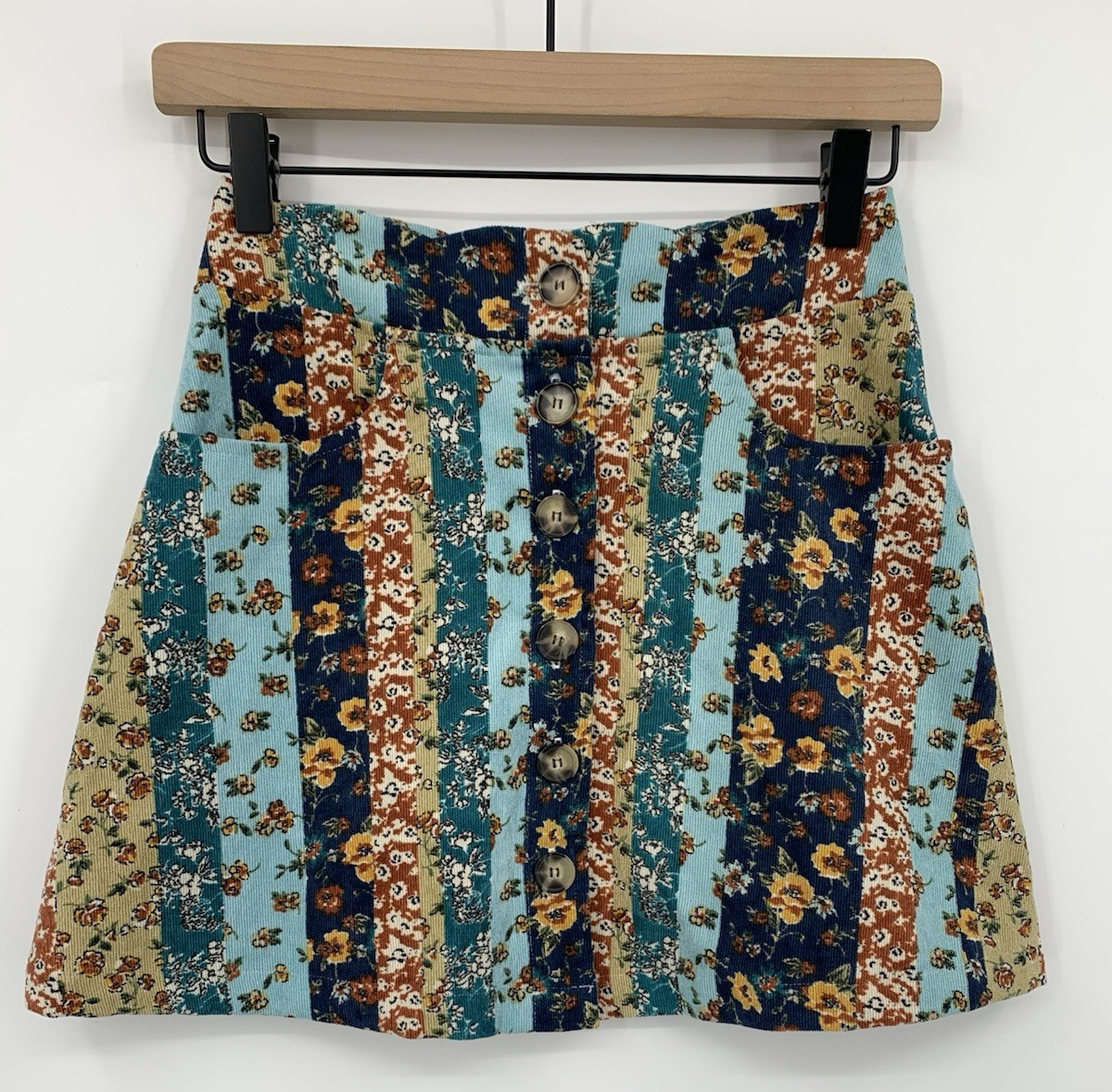 Vintage Amy Buyer Corduroy Skirt Womens Medium Brown Blue Y2K Boho Hippie