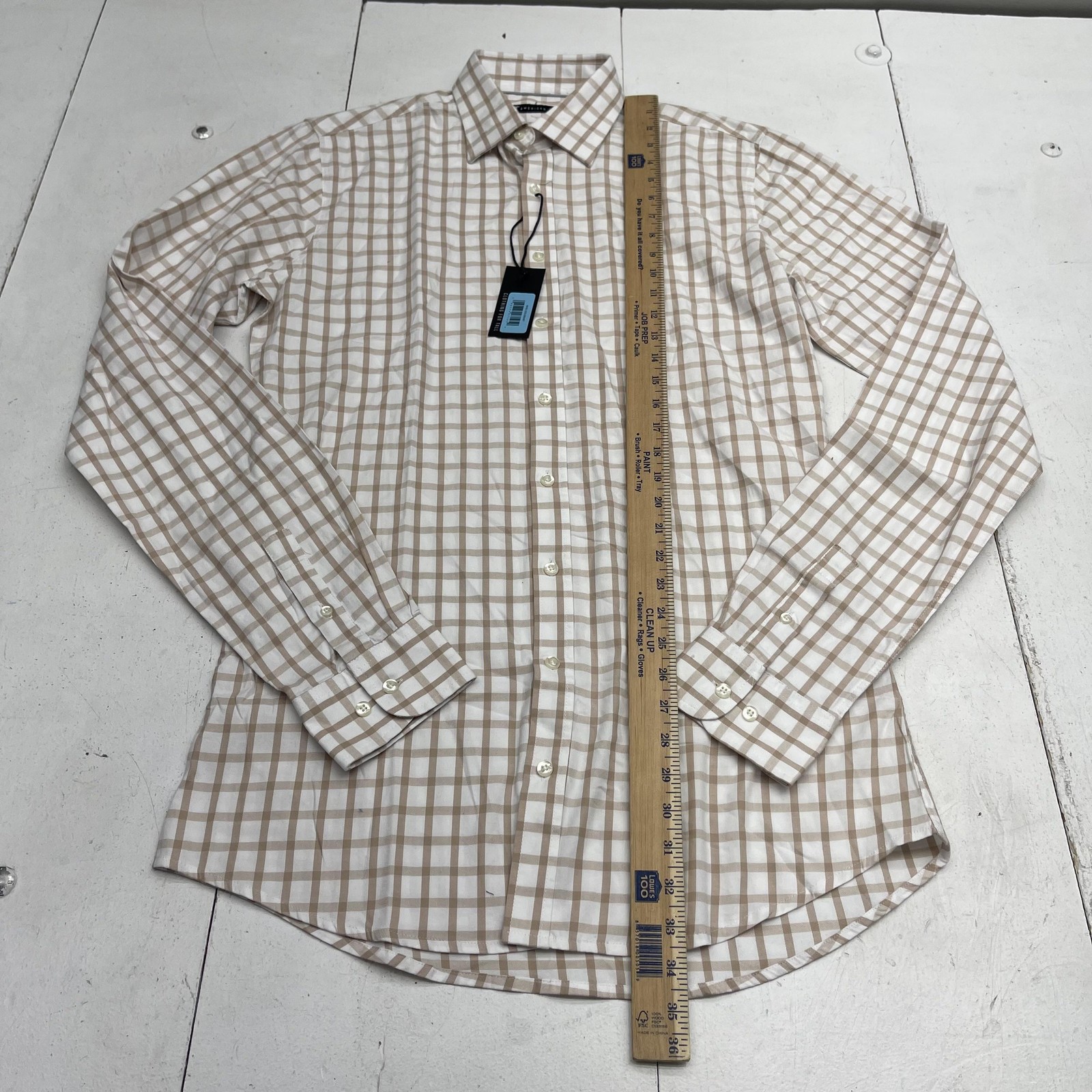 American Tall Shirt Mens Medium Tall Beige White Plaid Dress Button Down Stretch