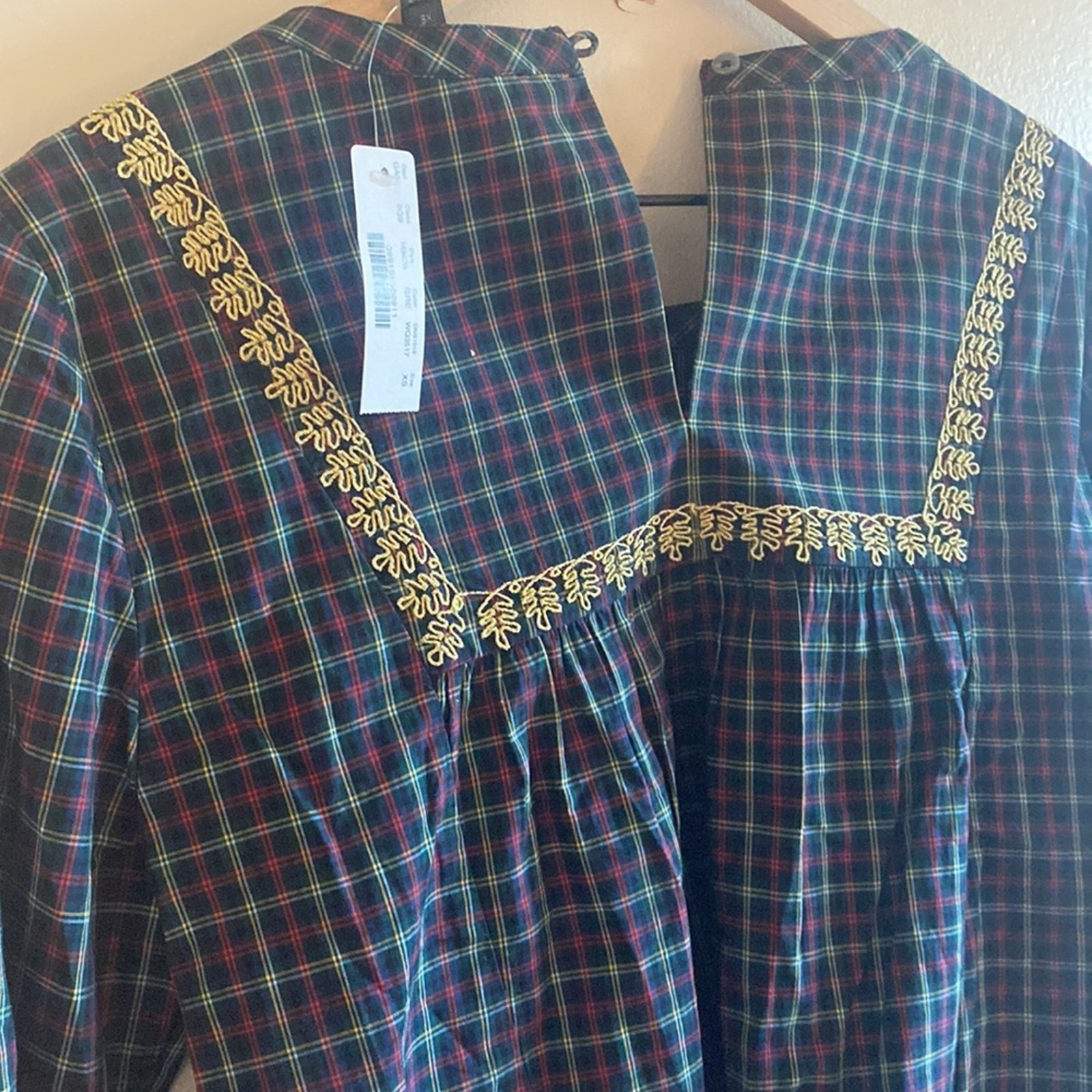 NWT J.Crew Embroidered Plaid Peasant Blouse Women’s XS 100% Cotton Boho
