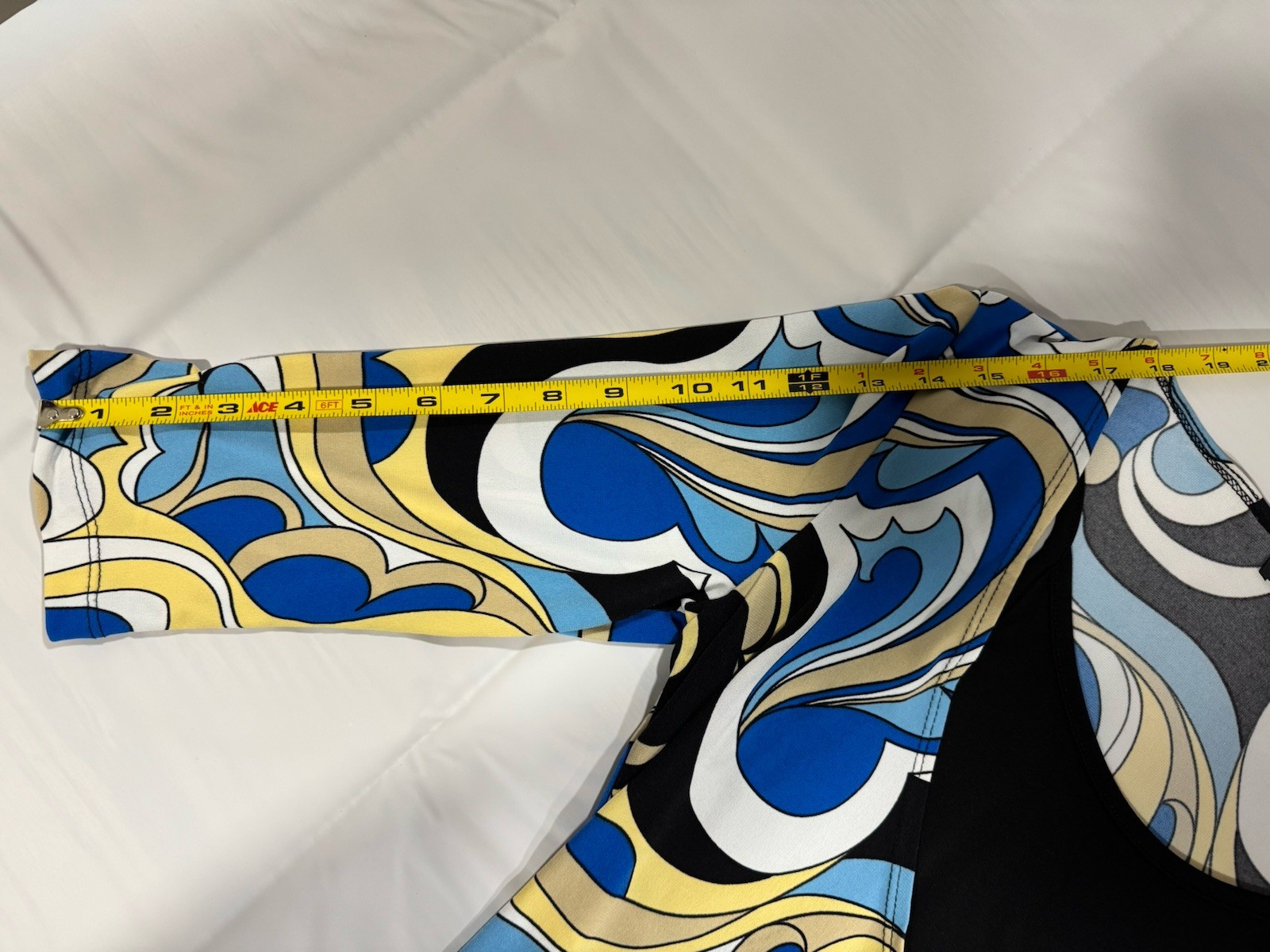 Women’s Abstract Swirl Print Stretch Top Blue Yellow Black 3/4 Sleeve Small